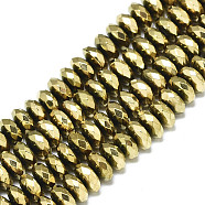 Electroplate Non-magnetic Synthetic Hematite Beads Strands, Rondelle, Faceted, Real 18K Gold Plated, 6x3mm, Hole: 0.6mm, about 126~129pcs/strand, 15.75 inch(40cm)(G-S352-50)