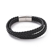Black Microfiber Braided Cord Double-strand Bracelet with 304 Stainless Steel Magnetic Clasps, Punk Wristband for Men Women, Stainless Steel Color, 8-3/4 inch(22.1cm)(BJEW-P275-24P)