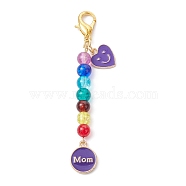 Mother's Day Flat Round with Word Mom & Heart Alloy Enamel Pendant Decorations, Glass Beads and Lobster Claw Clasps Charm, Medium Purple, 76mm(HJEW-JM01510-04)