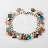 Dyed Shell Beads Charm Bracelets, Iron Chains with Grade B Pearl Round Beads and Tibetan Style Alloy Bar & Ring Toggle Clasps, Platinum and Antique Silver, Mixed Color, 190mm, Shell: 7~12x7~12x3~5mm(BJEW-JB01399-06)
