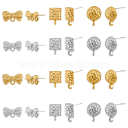 48Pcs 6 Style Half Round & Bowknot & Rectangle Alloy Stud Earring Findings, with Vertical Loops and 50Pcs Plastic Ear Nuts, Platinum & Golden, 8~15.5x11~14.5x3~5.5mm, Pin: 0.6mm, 8Pcs/style(FIND-DC0003-22)