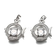 Brass Clear Cubic Zirconia Constellation Charms, Long-Lasting Plated, with Jump Ring, Real Platinum Plated, Pisces, 21x19x4mm, Hole: 4.5x2mm(KK-B031-07P)