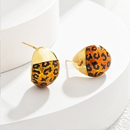 Leopard Print Brass Enamel Stud Earrings for Women, Real 22K Gold Plated, Teardrop, 17x14mm(EJEW-U055-12B-G)