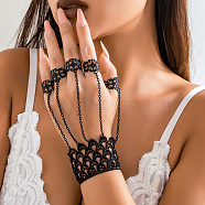 Halloween Gothic Black Lace Finger Ring Bracelets for Women, with Iron Chain, Black, 5-1/2 inch(14cm)(WG5FE4C-03)