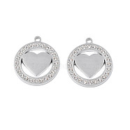304 Stainless Steel Pendants, with Crystal Rhinestone, Ring with Heart, Stainless Steel Color, 26x22.5x2mm, Hole: 2mm(STAS-N095-151)