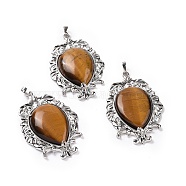 Natural Tiger Eye Big Pendants, Teardrop Charms, with Rack Plating Platinum Tone Brass Findings, 56x37x8mm, Hole: 7x4.5mm(G-P496-01P-20)