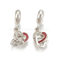 Alloy European Dangle Charms, with Rhinestone and Enamel, Large Hole Pendants, Heart, Red, Platinum, Crystal, 25mm, Hole: 5mm, 11x8.5x15mm and 7.5x8mm(X-MPDL-S066-055)