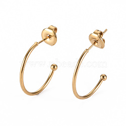 304 Stainless Steel Stud Earrings, Half Hoop Earrings, with Round Beads and Ear Nuts, Semicircular, Real 14K Gold Plated, 36x36x1mm, Pin: 0.8mm(STAS-S116-272C-G)