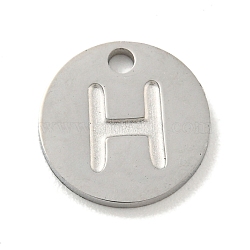 Non-Tarnish 304 Stainless Steel Pendants, Laser Cut, Flat Round with Letter Charm, Stainless Steel Color, Letter H, 10x1mm, Hole: 1.4mm(FIND-M017-02P-H)