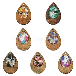 14Pcs 7 Colors Walnut Wood Resin Pendants, with Glitter Powder, Undyed, Teardrop Charms, Mixed Color, 38x25.5x3mm, Hole: 2mm(WOOD-FS0001-31)