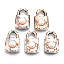 UV Plating Acrylic Pendants, with ABS Plastic Imitation Pearl Beads, Lock, Light Gold, 21x13x7mm, Hole: 5mm(OACR-Q180-027)