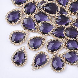 Transparent Glass Pendants, with Brass Findings, Faceted, Teardrop, Light Gold, Medium Purple, 19x14x4.5mm, Hole: 1.2mm(GLAA-T007-08B)