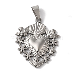 Non-Tarnish 304 Stainless Steel Pendants, Heart with Flower Charms, Stainless Steel Color, 29.5x25x3.5mm, Hole: 7.5x3.5mm(STAS-L081-036P)