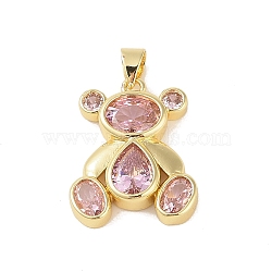 Brass Pendants, with Glass, Real 18K Gold Plated, Bear Charms, Pink, 21.5x18x3.5mm, Hole: 4x3.5mm(KK-E111-40G-03)