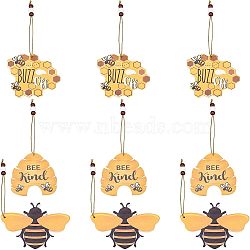 SUPERFINDINGS 9Pcs 3 Style Wood Pendant Decorations, with Hemp Cord, Bee Theme, Gold, 180~204mm, 3pcs/style(HJEW-FH0001-13)