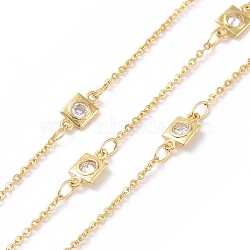 Clear Cubic Zirconia Square Link Chains, with Brass Findings, Unwelded, with Spool, Cadmium Free & Nickel Free & Lead Free, Real 18K Gold Plated, 9x5x1.5mm(CHC-G016-02G)