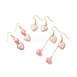 3 Pairs 3 Style Pink Alloy Enamel Charms & Resin Beads Dangle Earrings, Valentine Theme Brass Jewelry for Women, Golden, Word, 31~66mm, Pin: 0.5mm(EJEW-JE05030-03)