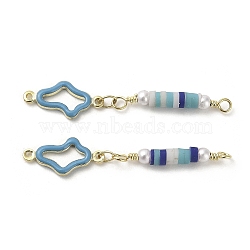 Rack Plating Brass Enamel Flower Links Connector Charms, with ABS Plastic Imitation Pearl Beads and Handmade Polymer Clay Beads, Real 18K Gold Plated, Steel Blue, 41.5mm, Hole: 1.6mm(KK-M266-25G)