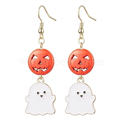 Dyed Synthetic Turquoise and Alloy Enamel Pendants Earrings, Pumpkin & Ghost, for Halloween, Golden, 60x18mm(EJEW-TA00418)