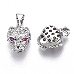 Brass Micro Pave Cubic Zirconia Charms, Nickel Free, Leopard Head, Clear, Real Platinum Plated, 13.5x10.5x8mm, Hole: 4mm(X-ZIRC-R109-044P-NF)