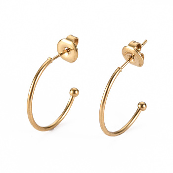 304 Stainless Steel Stud Earrings, Half Hoop Earrings, with Round Beads and Ear Nuts, Semicircular, Real 14K Gold Plated, 36x36x1mm, Pin: 0.8mm