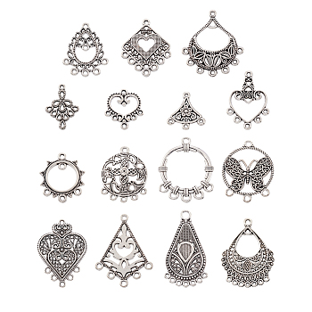 Jewelry 60Pcs 15 Style Tibetan Style Alloy Chandelier Component Links, Hollow, Heart/Teardrop/Rhombus, Antique Silver, 20~39.5x16.5~30x1~3mm, Hole: 1.2~3mm, 4pcs/style
