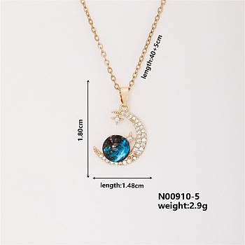 Dreamy Moon & Star Brass Micro Pave Cubic Zirconia Pendant Necklaces, Cable Chains Necklaces for Women, 15.75 inch(400mm)