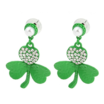 Saint Patrick's Day Zinc Alloy Clover Dangle Stud Earrings with Rhinestones, Lime Green, 48x29mm