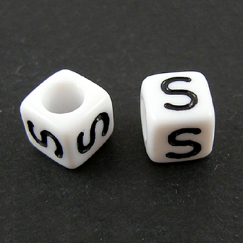Letter Acrylic European Beads, Horizontal Hole, Cube, Letter.S, 10x10x10mm, Hole: 3.5~4mm, about 598pcs/500g