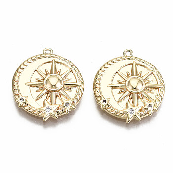 Brass Micro Pave Clear Cubic Zirconia Pendants, Nickel Free, Flat Round with Sun & Star, Real 18K Gold Plated, 20.5x17.5x3mm, Hole: 1mm