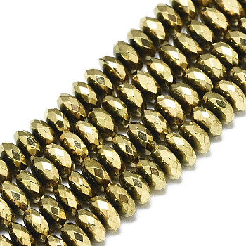 Electroplate Non-magnetic Synthetic Hematite Beads Strands, Rondelle, Faceted, Real 18K Gold Plated, 6x3mm, Hole: 0.6mm, about 126~129pcs/strand, 15.75 inch(40cm)