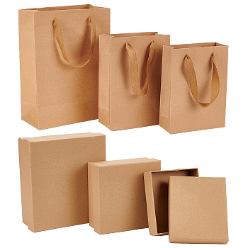 BENECREAT 6Pcs 6 Style Rectangle Kraft Paper Bag with Handle, Jewelry Packaging, with Square Paper Gift Boxes, Immortal Flower Box, Wedding Party Favors Wrapping, BurlyWood, Paper Bag: 3pcs, Box: 3pcs