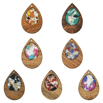 14Pcs 7 Colors Walnut Wood Resin Pendants, with Glitter Powder, Undyed, Teardrop Charms, Mixed Color, 38x25.5x3mm, Hole: 2mm