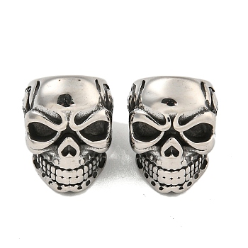 316 Surgical Stainless Steel European Beads, Large Hole Beads, Skull, Antique Silver, 16x12x15mm, Hole: 8mm