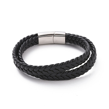 Black Microfiber Braided Cord Double-strand Bracelet with 304 Stainless Steel Magnetic Clasps, Punk Wristband for Men Women, Stainless Steel Color, 8-3/4 inch(22.1cm)