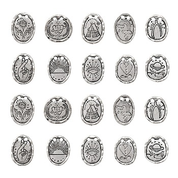 50Pcs 10 Style Tibetan Style Alloy Pendants, Cadmium Free & Lead Free, Flat Round with Pattern, Antique Silver, 19~24x16~19x1~2mm, Hole: 2mm, 5pcs/style