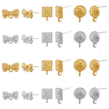 48Pcs 6 Style Half Round & Bowknot & Rectangle Alloy Stud Earring Findings, with Vertical Loops and 50Pcs Plastic Ear Nuts, Platinum & Golden, 8~15.5x11~14.5x3~5.5mm, Pin: 0.6mm, 8Pcs/style