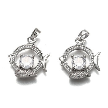 Brass Clear Cubic Zirconia Constellation Charms, Long-Lasting Plated, with Jump Ring, Real Platinum Plated, Pisces, 21x19x4mm, Hole: 4.5x2mm