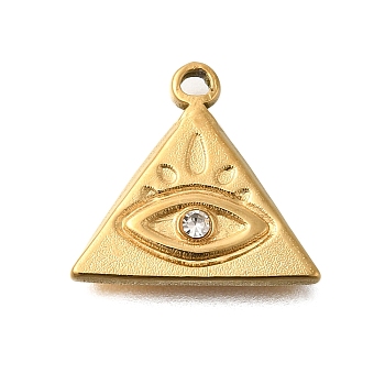 PVD Vacuum Plating 201 Stainless Steel Pendants, with Rhinestone, Triangle, Evil Eye, Real 18K Gold Plated, 15x16x3mm, Hole: 1.4mm