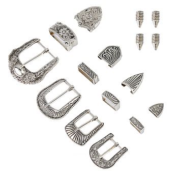 4 Sets 4 Styles Belt Alloy Buckle Sets, include Roller Buckle and Screw, Antique Silver, 14.5~18.5x24~43x9~24mm, 1 set/style