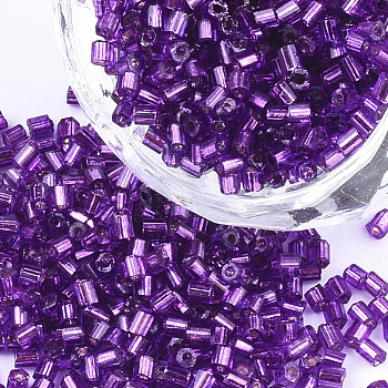 Grade A Glass Seed Beads, Hexagon(Two Cut), Silver Lined, Blue Violet, 1.5~2.5x1.5~2mm, Hole: 0.8mm, about 2100pcs/bag, 450g/bag