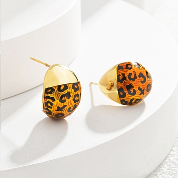 Leopard Print Brass Enamel Stud Earrings for Women, Real 22K Gold Plated, Teardrop, 17x14mm