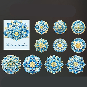 10Pcs 10 Styles Mandala Flower Waterproof PET Decorative Stickers, Laser Self-adhesive Decals, for DIY Scrapbooking, Deep Sky Blue, 80mm, 1pc/style