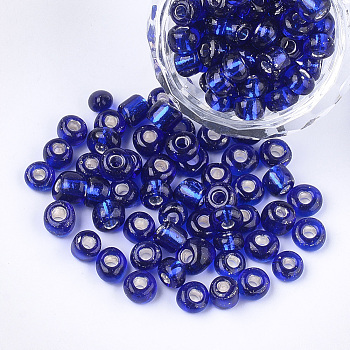 Glass Seed Beads, Silver Lined, Round, Dark Blue, 5~6x3~5mm, Hole: 1.2~2mm, about 2500pcs/bag