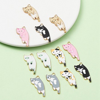 10Pcs 5 Style Printed Alloy Pendants, Cadmium Free & Nickel Free & Lead Free, Light Gold, Cat, Mixed Color, 30x15x1.5mm, Hole: 2mm, 2pcs/style