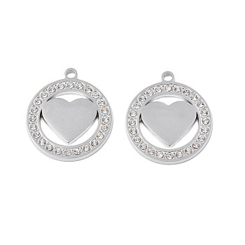 304 Stainless Steel Pendants, with Crystal Rhinestone, Ring with Heart, Stainless Steel Color, 26x22.5x2mm, Hole: 2mm