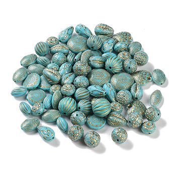 Opaque Acrylic Beads, Metal Enlaced, Mixed Shapes, Turquoise, 13~22x8~22x5.5~16mm, Hole: 1.2~2.5mm, about 375pcs/500g