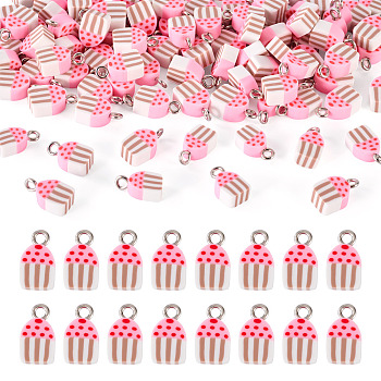 100Pcs Handmade Polymer Clay Charms, with Iron Findings, Pink, 12.5x7x4.5mm, Hole: 1.8mm