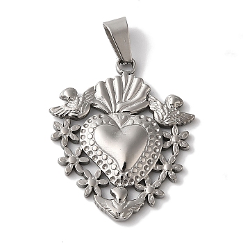 Non-Tarnish 304 Stainless Steel Pendants, Heart with Flower Charms, Stainless Steel Color, 29.5x25x3.5mm, Hole: 7.5x3.5mm