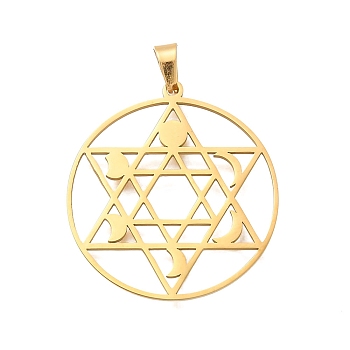 304 Stainless Steel Pendants, Laser Cut, Star of David with Moon Phase Charm, Real 18K Gold Plated, 31x28x1mm, Hole: 5x3mm